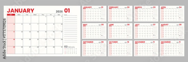 Fototapeta 2026 calendar template with all 12 months, perfect for planning and scheduling, stay organized and never miss an important date