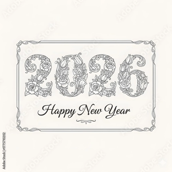Fototapeta Elegant floral typography design  bold “2026” numbers filled with blooming roses, tulips, and leaves  black and white line art  vintage botanical illustration style  minimalist New Year greeting compo