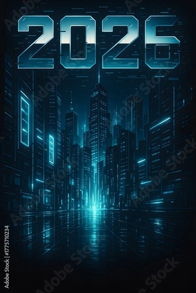 Fototapeta Futuristic 2026 Digital Cityscape – Neon Blue Cyberpunk Design with Sci-Fi Glow Effects