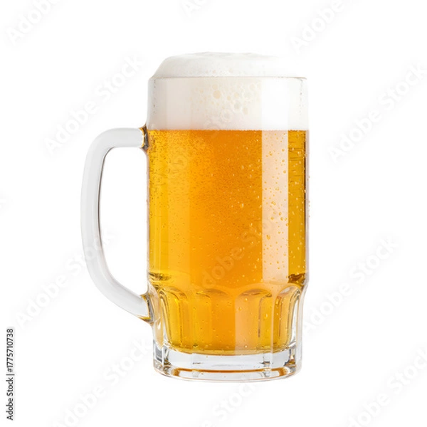 Fototapeta A tall glass mug filled with golden beer, isolated on transparent background
