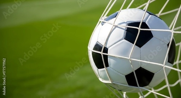 Fototapeta Close-up of soccer ball in goal net with blurred green field football scoring