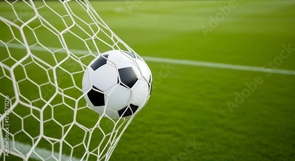 Fototapeta Soccer ball caught in the net on a green field with white lines football goal