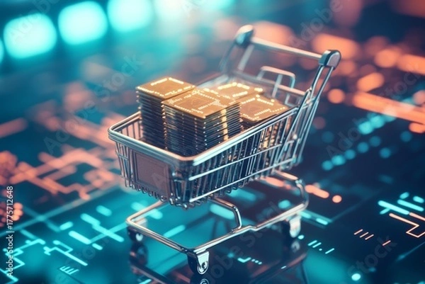 Fototapeta Digital Commerce: Shopping Cart Filled with Computer Microchips on Tech Background