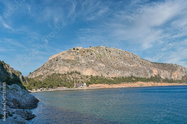 Obraz Scenic landscape of Palamidi fortress hill and Acronafplia coast in Nafplio, Peloponnese, Greece