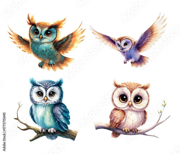 Fototapeta Cute watercolor owls set on transparent background. Watercolor Illustration for Nursery and Storybook Projects on White Background. Owl isolated on white.