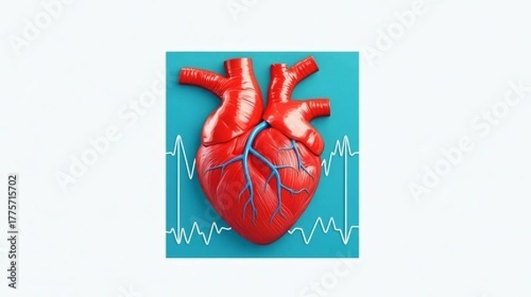 Fototapeta A vibrant illustration of a human heart with an electrocardiogram, symbolizing health and vitality.