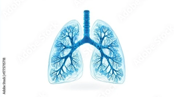 Fototapeta Illuminated graphic of human lungs showcasing intricate airway structures in blue tones.