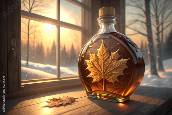 Fototapeta Golden Maple Leaf Syrup Bottle Bathed in Winter Sunset Glow