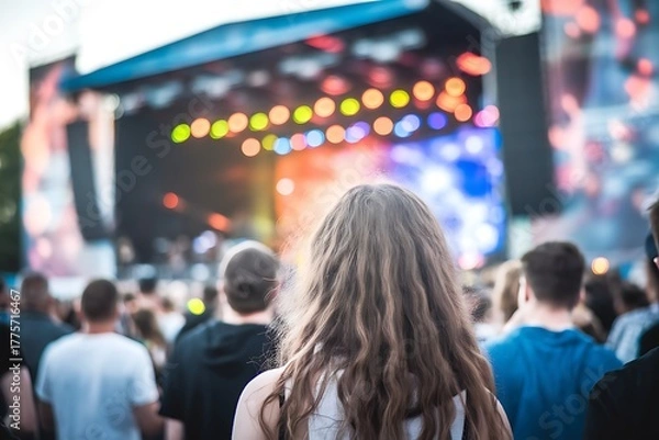 Fototapeta Large Crowd Enjoys an Outdoor Concert Under a Blurred Stage Lights Display (68 characters)