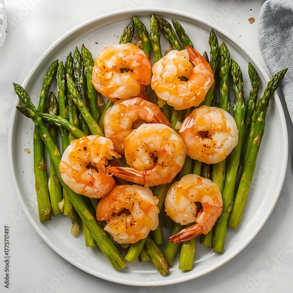 Fototapeta Closeup of delicious fried seafood dish with prawns, lemon, and fresh green garnish on a plate