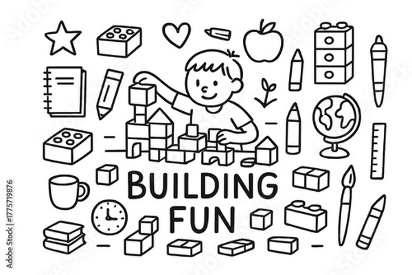 Obraz Building Fun Doodles. Building blocks. Hand-drawn doodle illustration of building blocks. In the middle, one