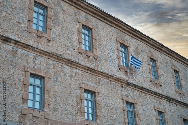 Obraz Historic stone building with blue shutters in Nafplio, Peloponnese, Greece