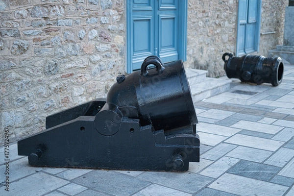 Obraz Historic stone building with blue shutters in Nafplio, Peloponnese, Greece