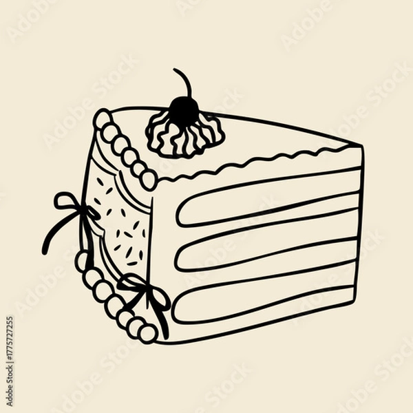Obraz Whimsical outline cake illustration with bows and whipped cream. Hand drawn slice of cake in minimalist style. Vector illustration.