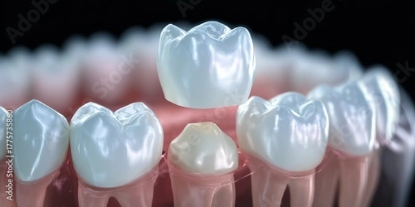 Fototapeta Close up of a person's teeth with a crown on the top