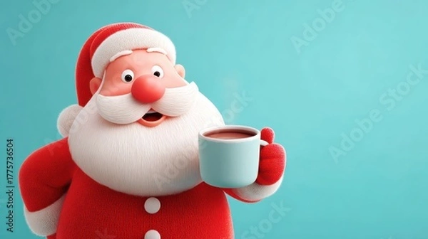 Fototapeta Santa Claus Enjoying a Warm Drink Against a Bright Blue Background During the Holiday Season