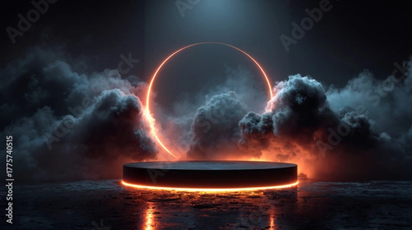 Obraz Futuristic glowing ring and circular platform in dramatic cloudy atmosphere, surreal sci-fi background