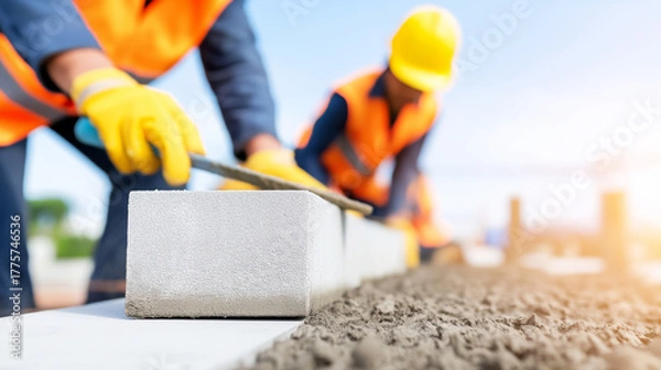 Obraz Construction workers meticulously laying concrete blocks on a building site, forming a new foundation for urban infrastructure