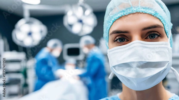 Fototapeta Dedicated female doctor ready for operating room, wearing a surgical mask and cap, with blurred medical team working in background