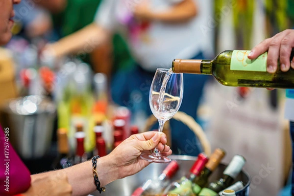 Fototapeta White Wine Being Poured at Tasting Booth. Close-up of white wine being poured into glass, wine tasting event. Hands with glass and bottle, blurred bottles, people in background. Wine expo