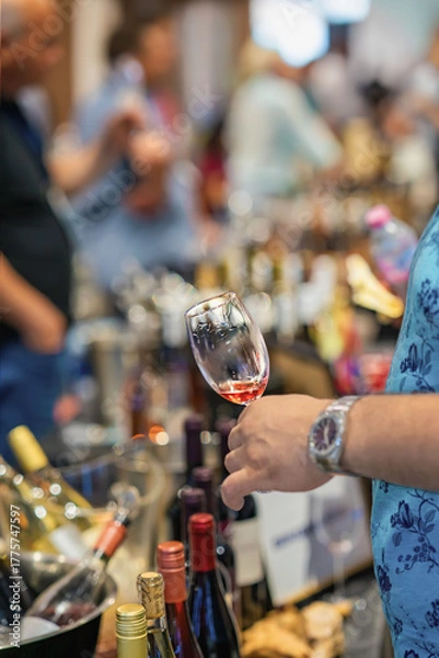 Fototapeta Man holds glass of wine, wine tasting event, surrounded by bottles and people, expo atmosphere. Concept of wine culture, social service gathering