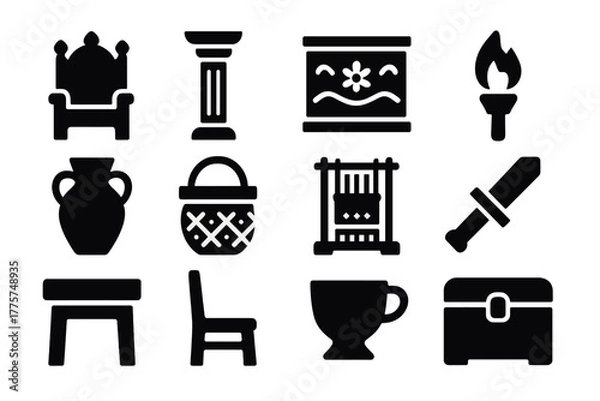 Fototapeta Palace Life Icons. Solid style icons of Palace Life: Throne, Pillar, Painted Wall, Torch, Jar, Basket, Loom, Dagger, Table, Chair,