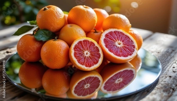 Fototapeta A vibrant still life scene illuminated by the warm, golden hues of the late afternoon glow, A cluster of plump, juicy citrus fruits luminous oranges, radiant lemons