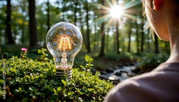 Fototapeta A radiant eco friendly light bulb, seamlessly integrated into a lush, vibrant natural landscape, gleams with a soft, sustainable glow under the intense midday sun