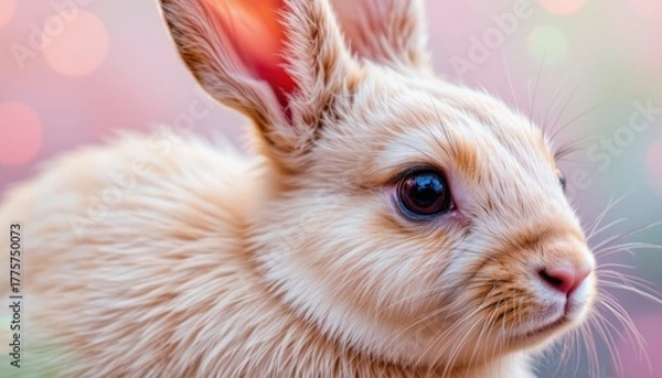 Fototapeta A delicate, pastel hued abstract wallpaper featuring an enchanting bunny its soft fur rendered in gentle washes of blush pink, lavender, and mint green, blending seamlessly into a dreamy