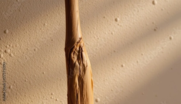 Fototapeta A solitary broomstick standing upright against a softly textured, neutral backdrop its weathered wooden handle bearing the rich, intricate patterns of age and use