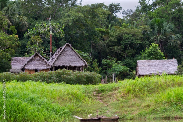 Fototapeta Small village in the Amazon rainforest on the bank of the Yanayacu River, Peru 