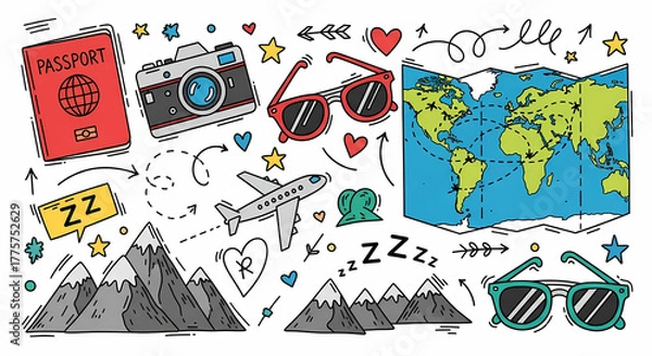 Fototapeta Vibrant hand drawn travel and adventure symbols. Doodle drawings of passport, camera, sunglasses, world map, airplane, mountains. Energetic and playful line art for wanderlust themes