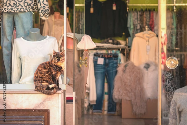 Fototapeta Cat Sitting in Clothing Storefront Display. sitting in clothing store window with mannequins, fashion items, warm sunlight. Concept of cozy retail, unexpected charm, urban lifestyle