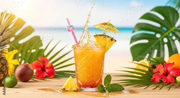 Obraz Tropical cocktail with pineapple slice & umbrella, splashing on beach table, bright sun and ocean