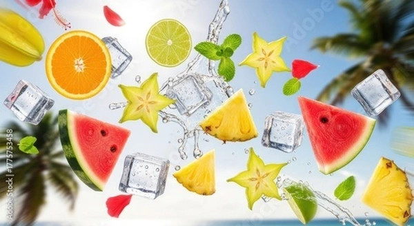 Fototapeta Tropical fruits and ice cubes floating against a sunny ocean backdrop