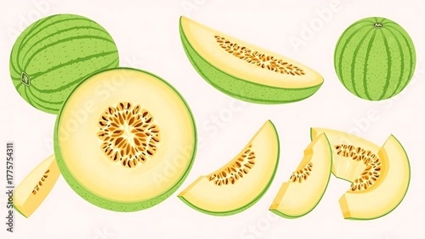 Fototapeta Cantaloupe Melon Whole Fruit and Chopped Pieces 