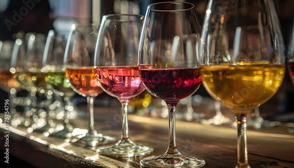 Fototapeta A row of wine glasses filled with different colored wines, beautifully arranged on a wooden table