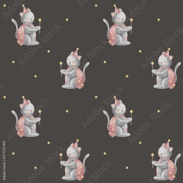 Fototapeta Pattern wizard cat holding magic wand, star. Hand drawn watercolor illustration in childish style. Seamless print on dark gray from background for textiles, fabrics, clothing, wallpaper, packaging