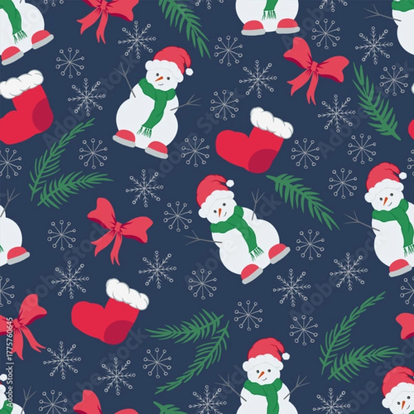 Obraz Christmas vector seamless pattern. New Year background with snowman, ribbon,  tree,  Santa. Holliday wallpaper. Template for print, banner, web, gift.