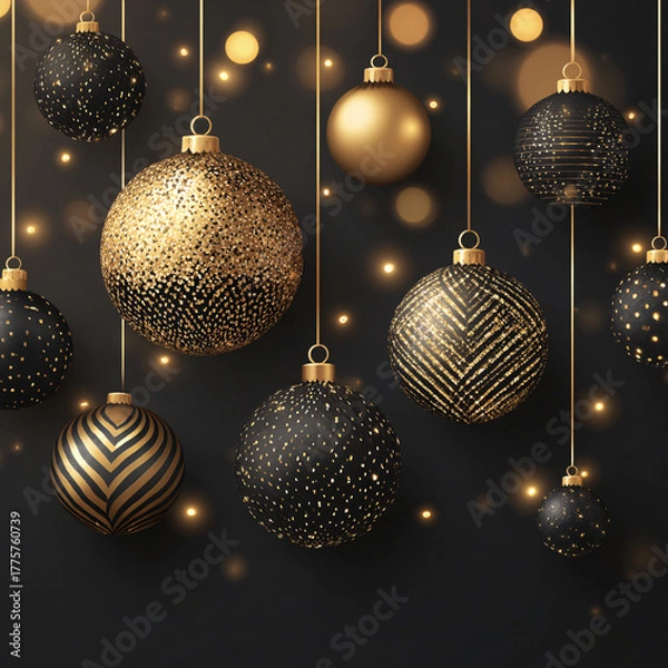 Obraz A luxurious New Year's composition with black and gold decorations and a blurred background. Elegant modern holiday background. Glitter particles.