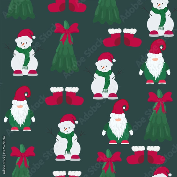 Obraz Christmas vector seamless pattern. New Year background with snowman, ribbon,  tree,  Santa. Holliday wallpaper. Template for print, banner, web, gift.