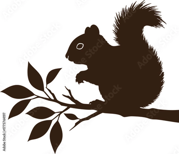 Fototapeta Squirrel silhouette perched on leafy tree branch natural wildlife vector illustration 