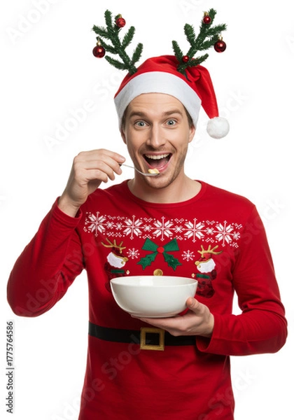 Fototapeta a happy man holding an empty white bowl