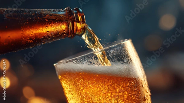 Fototapeta Close-up of golden beer being poured from a bottle into the top of a clear glass