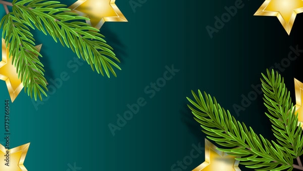 Fototapeta Christmas background with green fir branches and golden stars on dark gradient backdrop. Elegant festive design for holiday greeting cards, banners, and winter decoration.