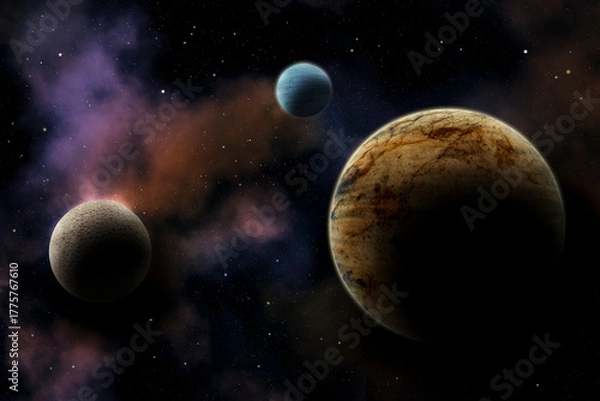 Fototapeta Artist's concept / illustration: Distant solar system with red planet, two moons, nebula and star field. 