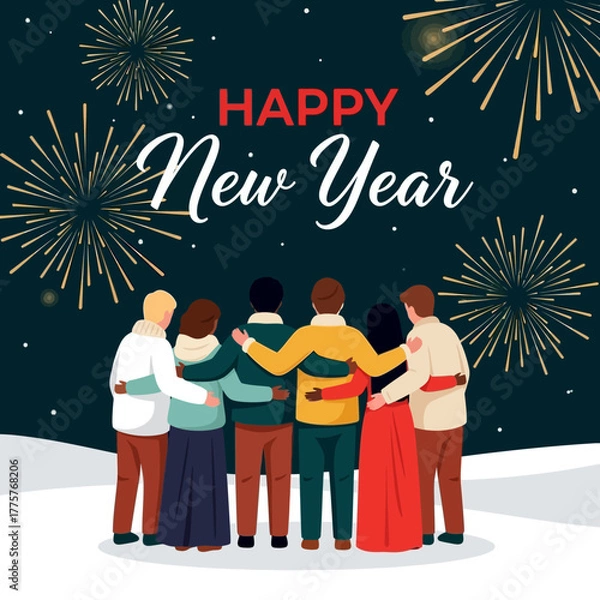 Fototapeta Group of diverse friends celebrating New Year with fireworks and joy.