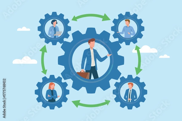 Fototapeta Teamwork collaboration business gears connecting professionals for project success and synergy achieving goals together