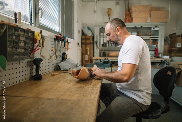 Obraz Orthopedic prosthetist assembling a prosthetic arm in workshop