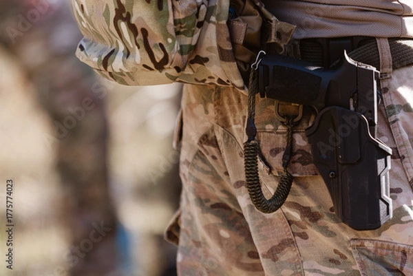 Obraz A soldier's pistol in a tactical holster.